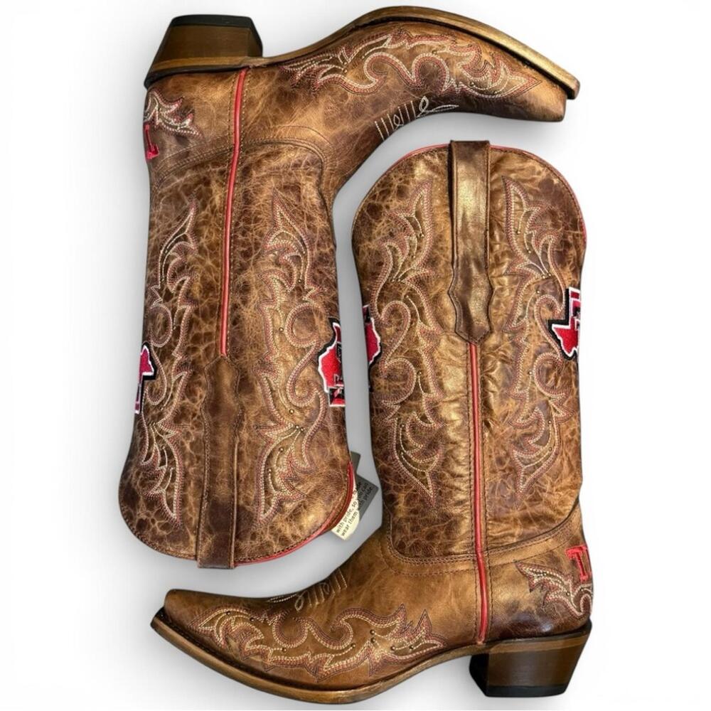 NWT Vaccari Texas Tech Red Raiders Leather Cowboy Boots Gameday Brown 10 - Picture 2 of 9